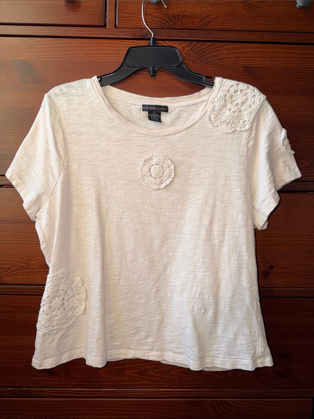 Design History Crochet Appliqué Slub Tee | XL | Ivory Cream | Boho Cottagecore